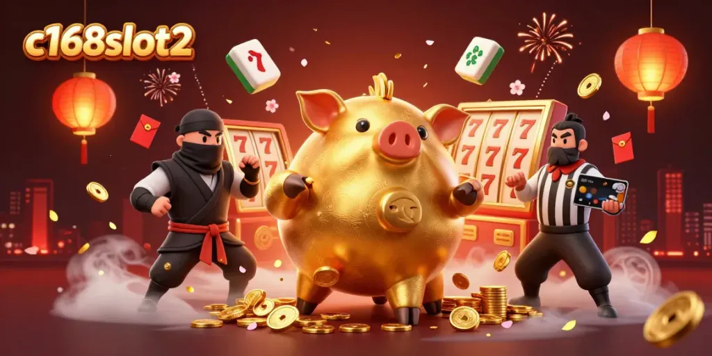 Engaging c168slot2 illustration with a golden piggy bank sumo wrestler and colorful casino elements.