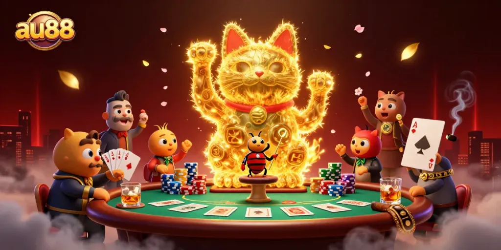 Feel the excitement of casino games with au88's vibrant 3D lucky cat illustration surrounded by poker elements.