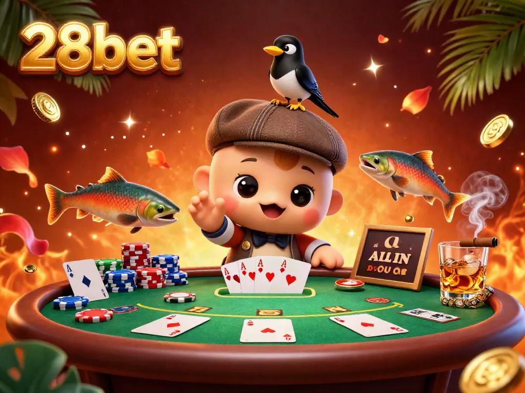 Engage with 28bet through a colorful 3D scene of Nessie and friends around a dynamic poker table.