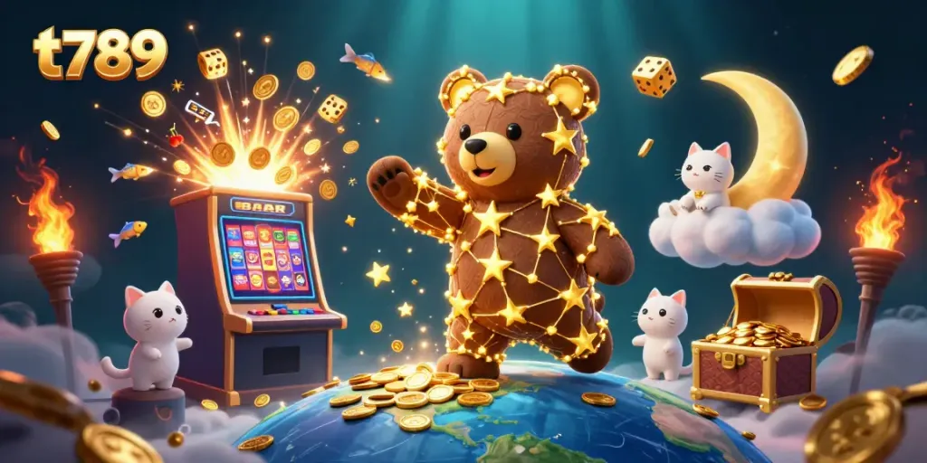 Experience thrilling gaming with t789 in a vibrant casino scene full of gold coins and jackpots.