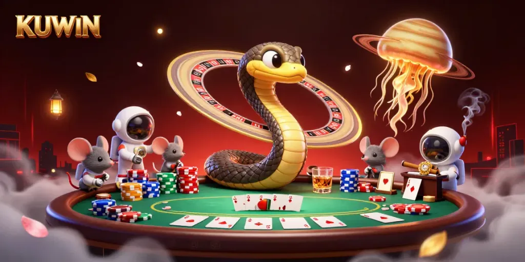Bet on cosmic roulette with KUWIN in a vibrant 3D casino scene featuring unique characters.