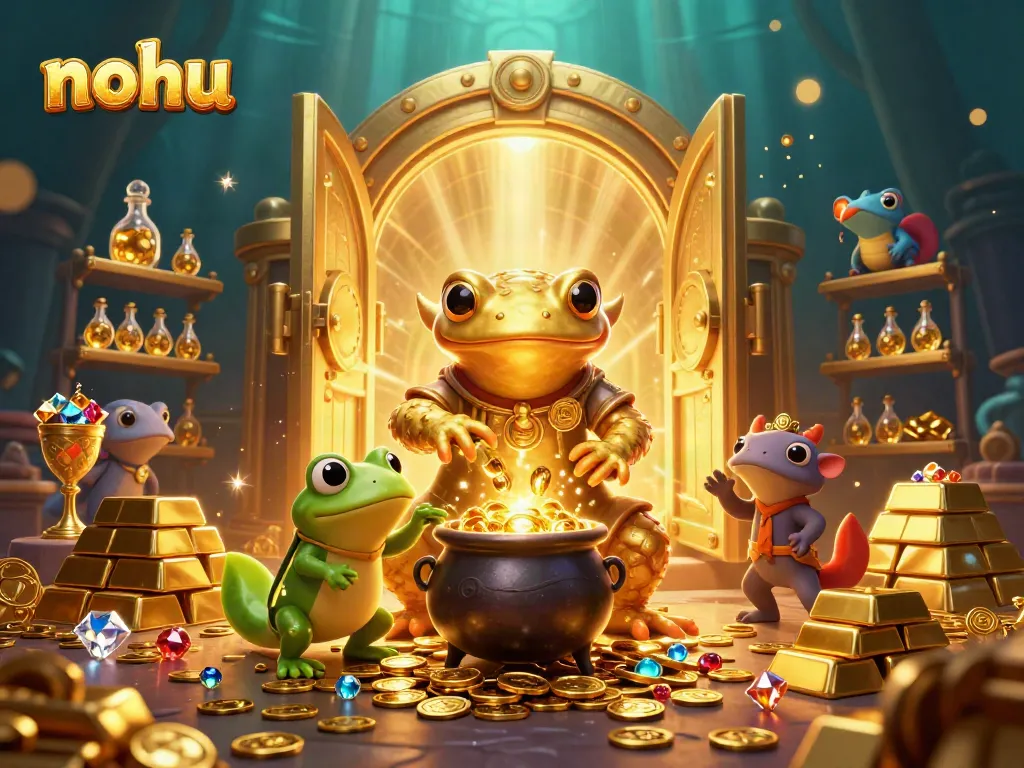Experience nohu jackpots with stunning visuals of gold coins and treasures in this vibrant 3D illustration.