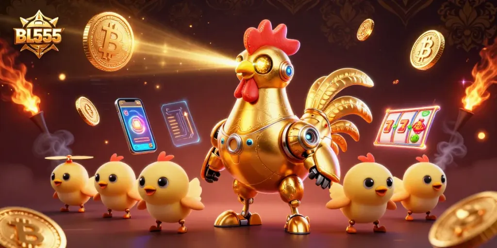Engage in thrilling gaming at BL555 featuring a futuristic rooster robot and crypto elements.