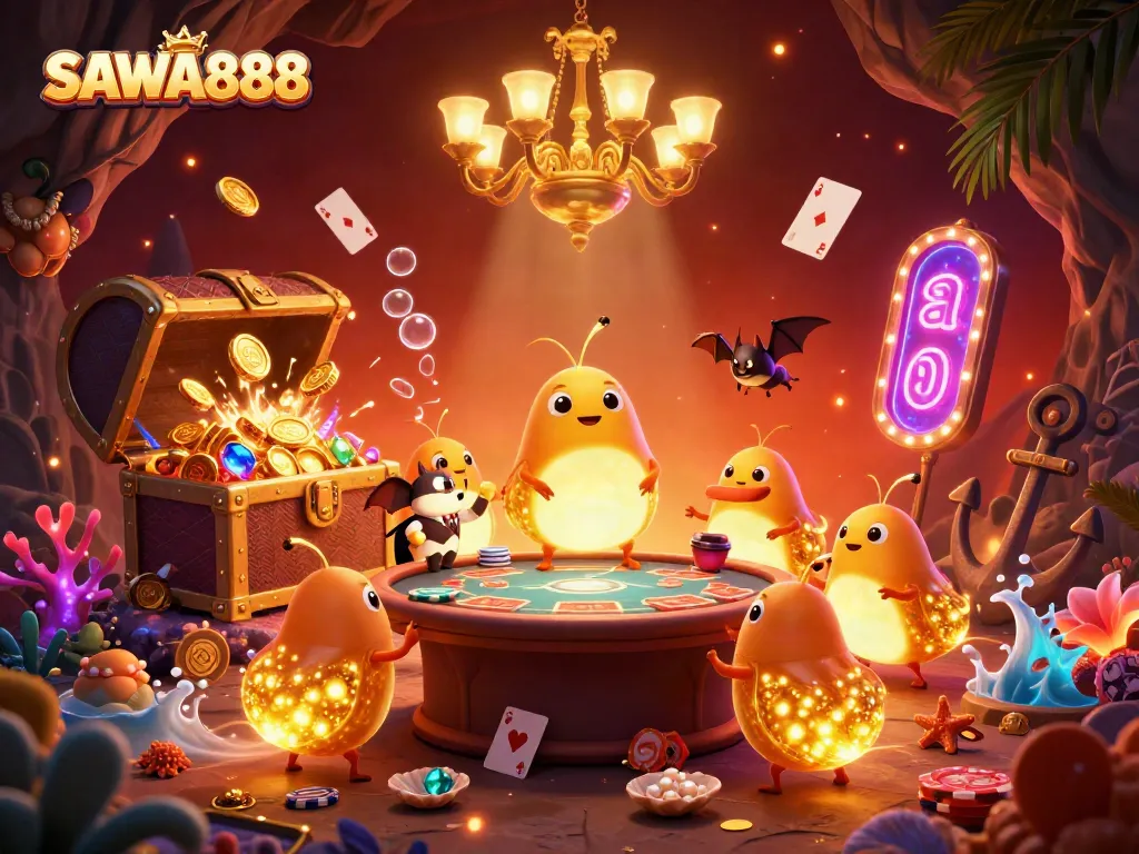 Experience thrilling gameplay at SAWA888 with glowworms lighting a vibrant cave casino.