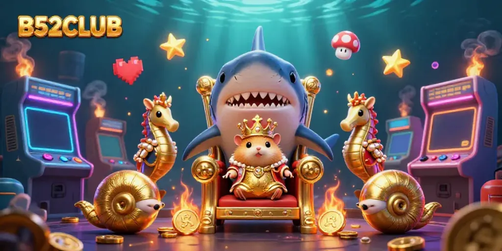 Experience thrilling gameplay at B52CLUB with an artistic illustration of a golden hamster king surrounded by vibrant gaming elements.