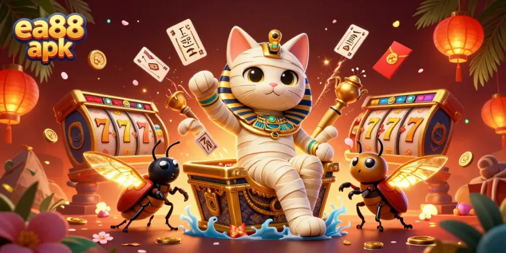 Engage in thrilling casino adventures with ea88 apk featuring a vibrant Egyptian-themed slot scene.
