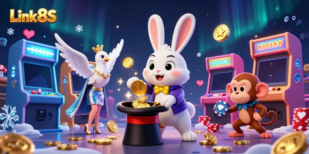 Join the thrilling magic of Link 8S with animated characters featuring a magician and casino elements.