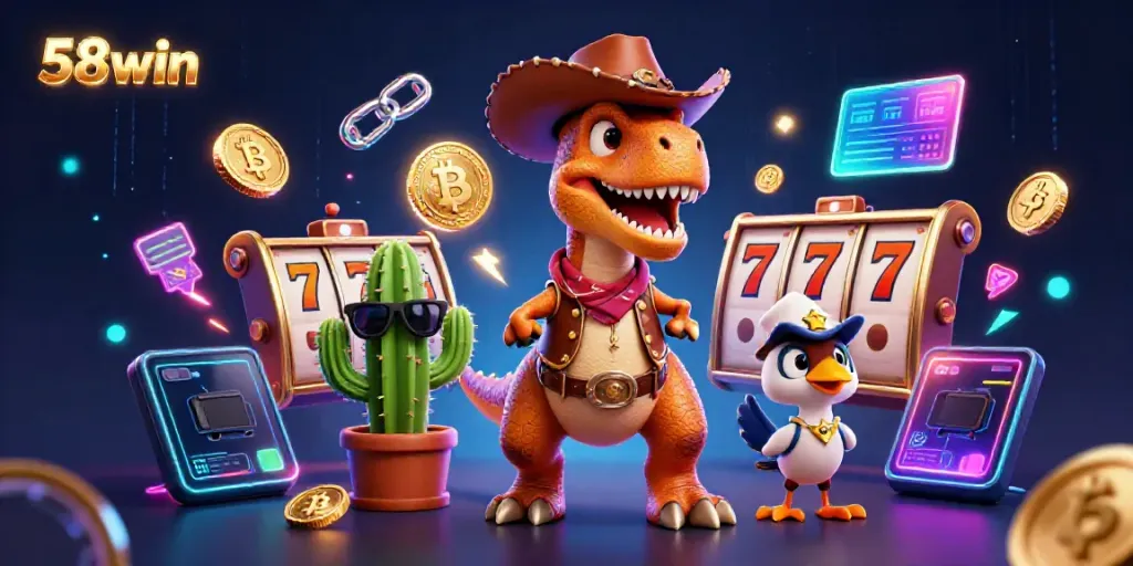 Experience thrilling slot gameplay with 58win featuring cartoon T-Rex and cowboy companions.