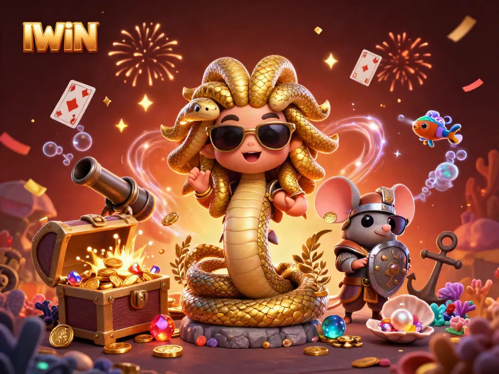 IWIN delivers a vibrant casino theme with Medusa and adorable characters surrounded by treasure and confetti.