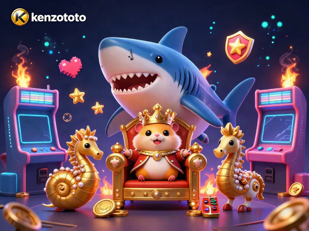 Engage with the vibrant KENZOTOTO gaming kingdom featuring a fierce hamster king and arcade elements.