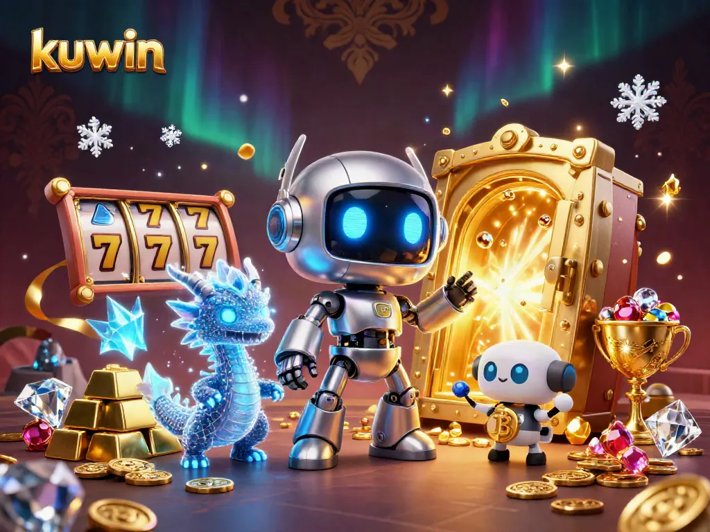 Kuwin gaming scene with a cyberpunk robot mascot, highlighting exciting slot gameplay