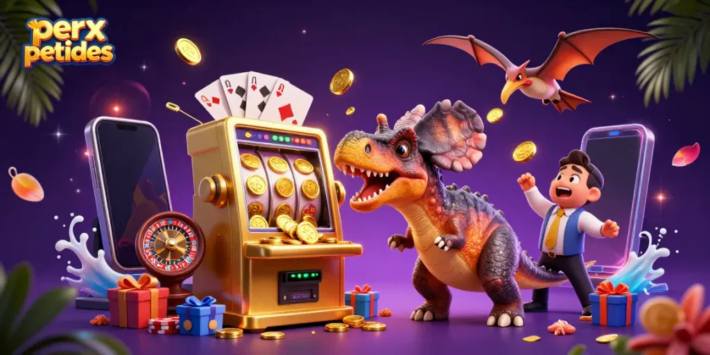 Experience the excitement of perx peptides with a cartoon dinosaur jackpot scene full of vibrant casino elements