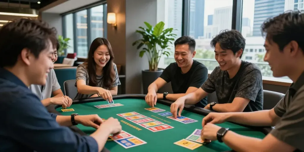 Sejumlah teman bercanda saat bermain Bandar Togel di lounge modern dengan suasana meriah.