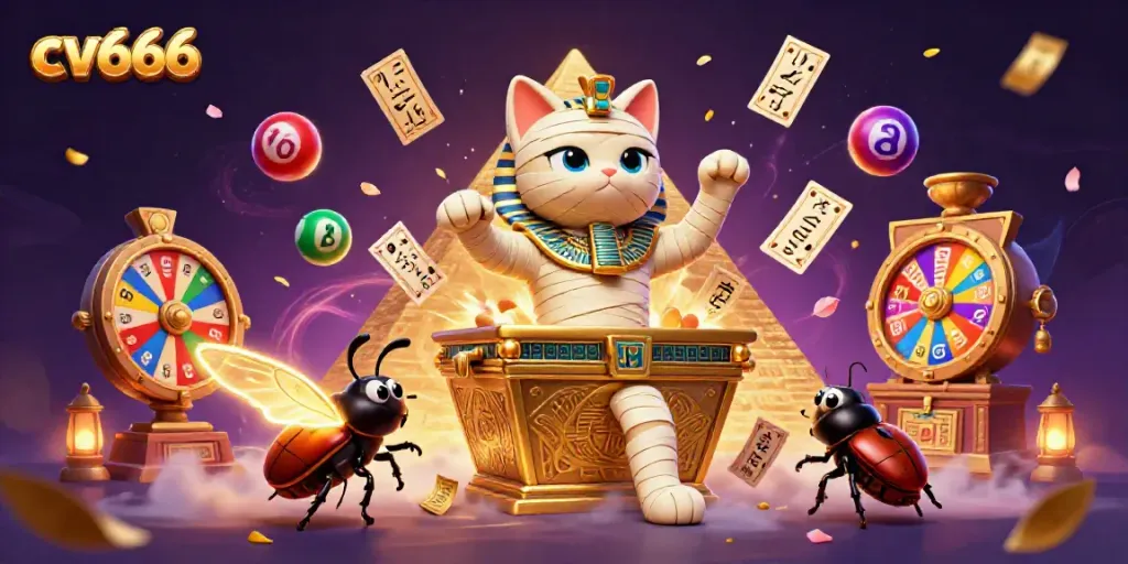 A lively cv666 scene showcasing a 3D cartoon Egyptian mummy cat and treasures of a casino, bursting with action and vibrant colors.
