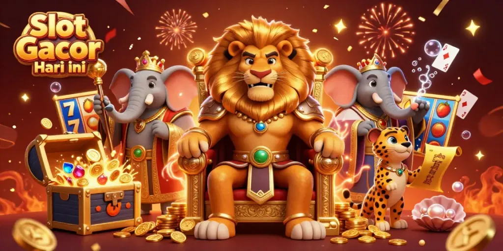 Experience the excitement of Slot Gacor Hari ini as a majestic lion king presides over a vibrant casino scene.