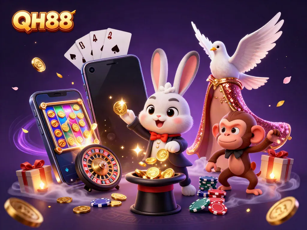 Experience QH88 with a magical scene featuring a 3D magician rabbit pulling golden coins, illustrating thrilling casino action.
