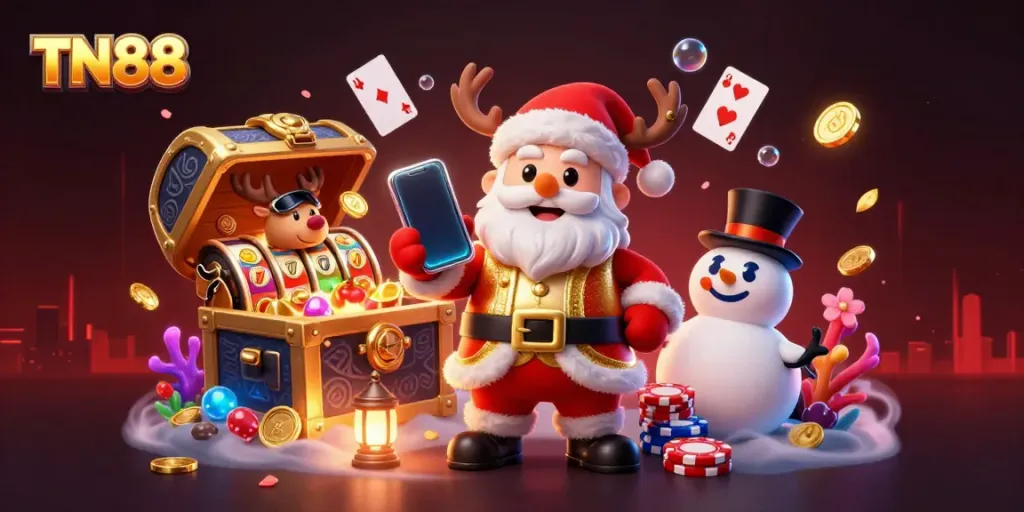 Santa Claus showcases TN88 jackpot slots in an exciting casino scene.