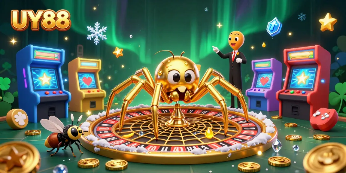Interact with UY88's vibrant casino universe featuring a spider, fly, and centipede in action.