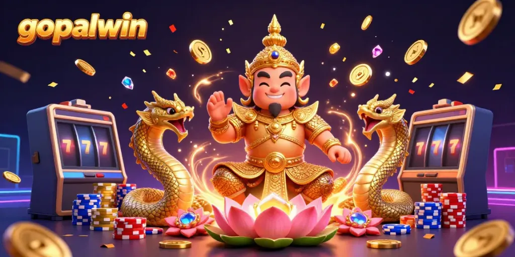 Win big at gopalwin with a vibrant 3D illustration of a golden yaksha guardian and casino elements.