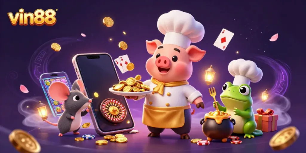 Experience the thrilling world of vin88 with a vibrant scene of charming characters and casino elements.