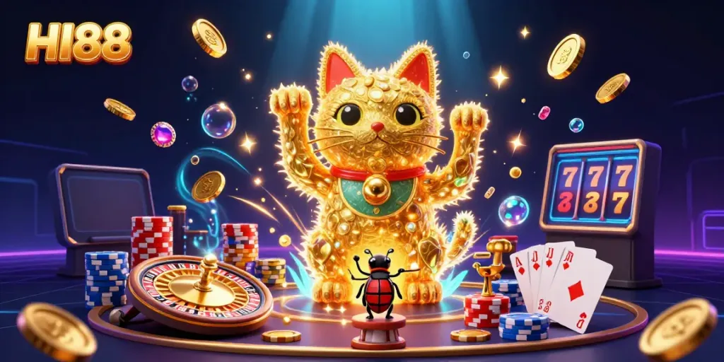 Experience the vibrant world of HI88, where a giant lucky cat and shimmering casino elements create an exciting gambling atmosphere.