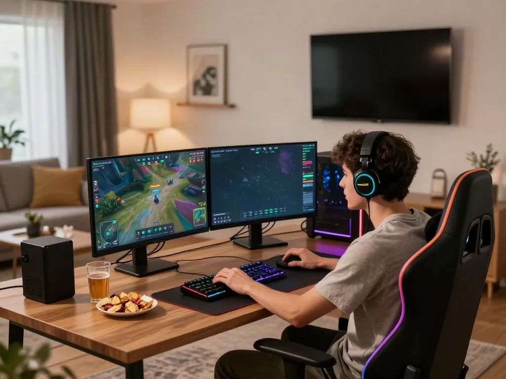 Engaged gamer at home with dual monitors showcasing online games at https://sunwint4.com/.
