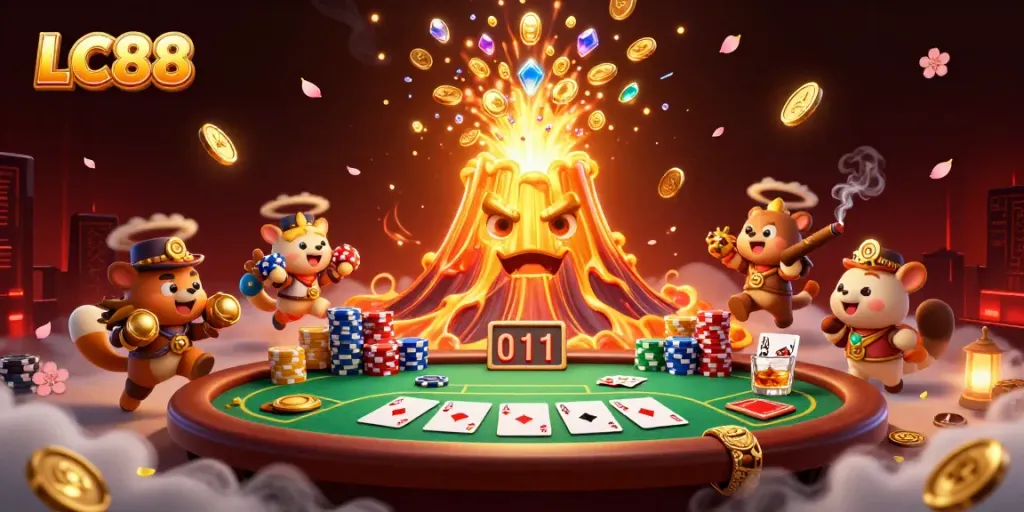 Winning in LC88 with an erupting volcano, treasure-hunting animals, and vibrant poker elements.