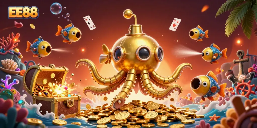 Experience EE88's thrilling golden underwater casino adventure with a kraken submarine and treasure galore.