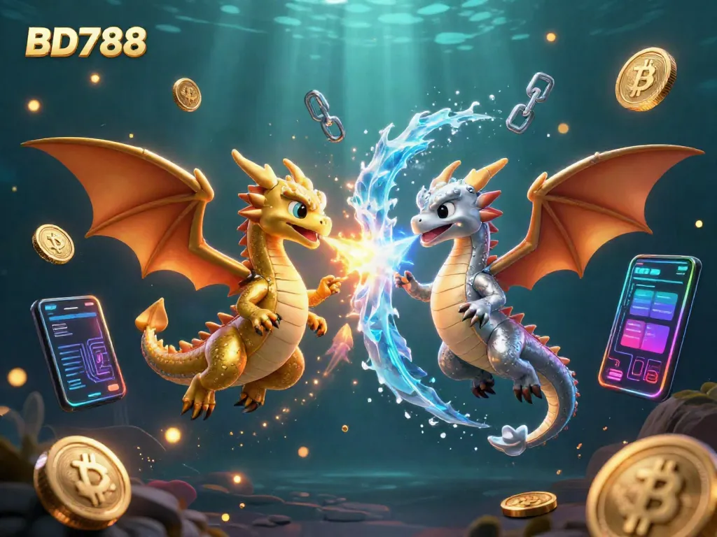 Engage with BD788's vivid world filled with gold and silver dragons amidst crypto elements and casino excitement.