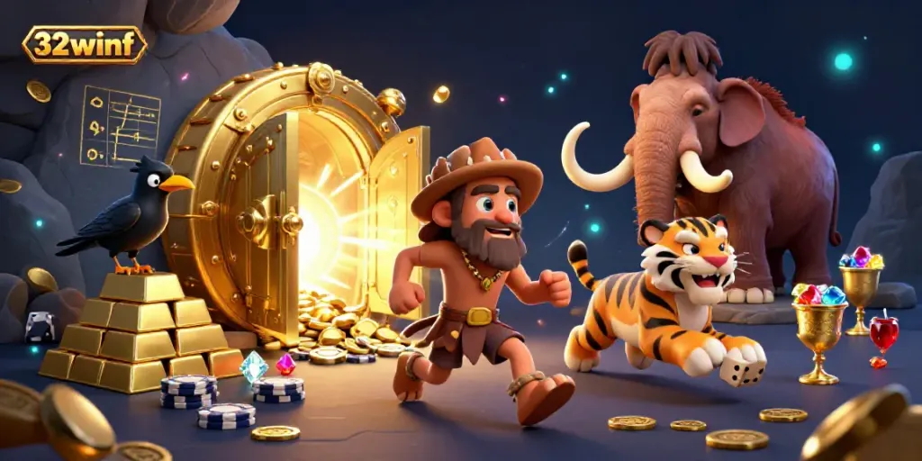 Experience thrilling gaming action at 32winf casino, featuring colorful prehistoric characters and vibrant treasure.