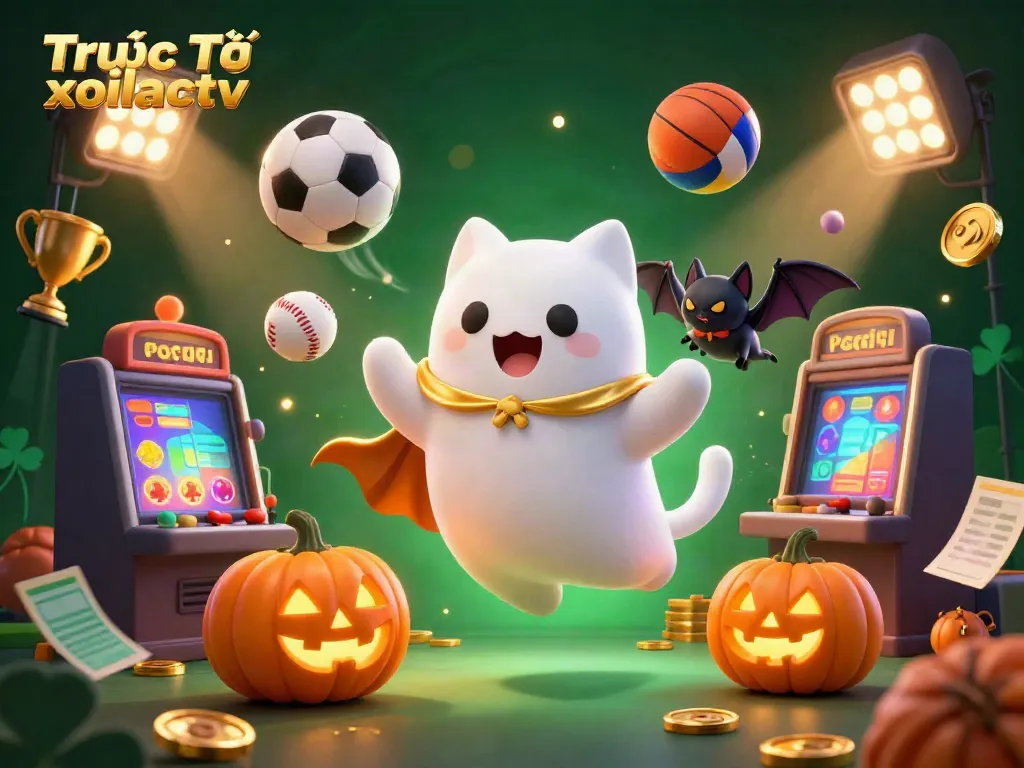 Experience Trực Tiếp xoilactv with ghostly characters and dynamic sports elements in this vibrant 3D scene.