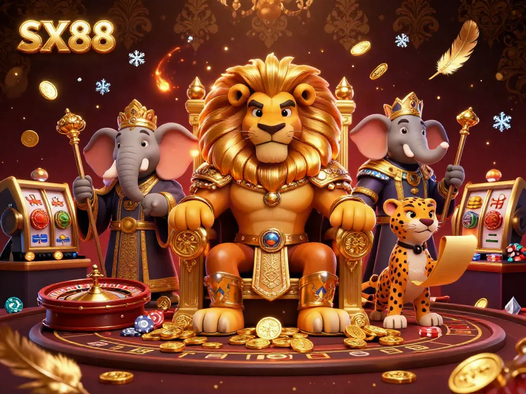 SX88 casino scene featuring a royal lion king, wise elephant, and speedy cheetah amidst vibrant gambling elements.