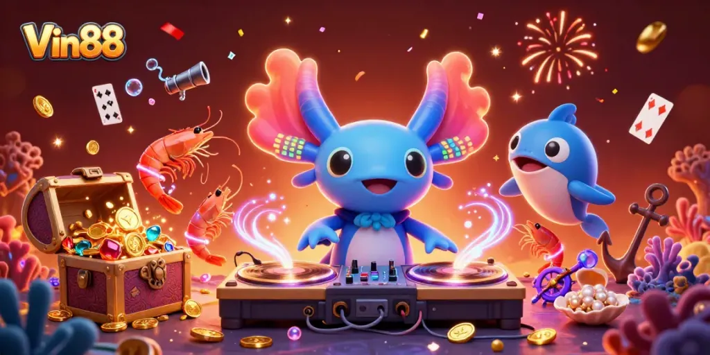 Play and win at Vin88 with the vibrant casino-themed underwater party illustration.