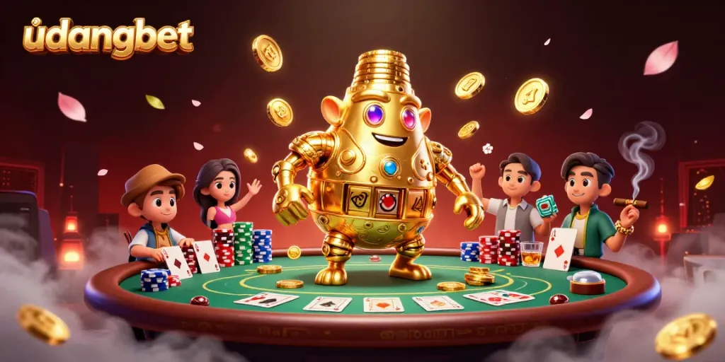 Engage in thrilling card games with the udangbet golem, surrounded by vibrant casino elements.