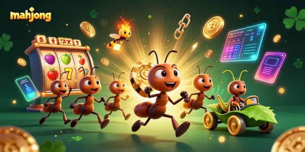 Permainan mahjong menarik dengan karakter kartun 3D yang membawa chip poker emas, penuh dengan simbol permainan slot.