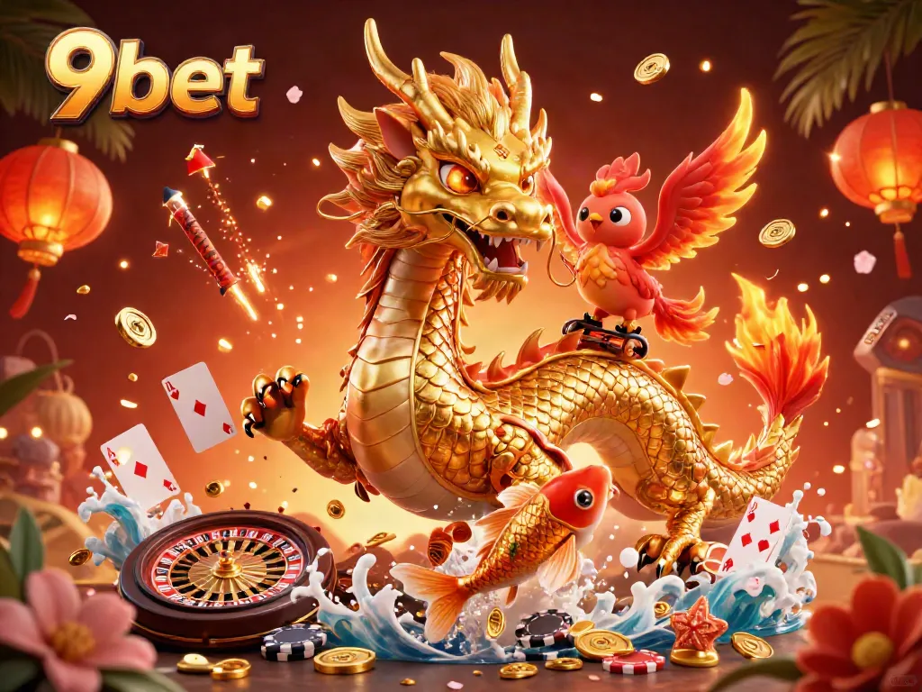Experience the thrill of 9bet's live casino with a vibrant 3D scene featuring a dragon, phoenix, and koi fish.