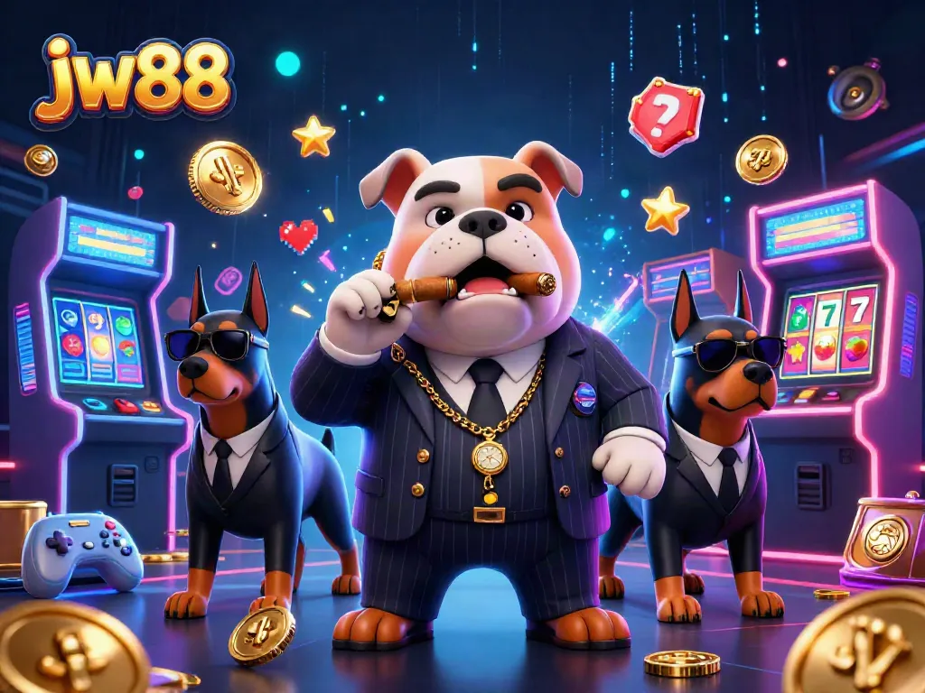 Engage with jw88's thrilling casino experience featuring a cartoon mafia bulldog and vibrant elements.