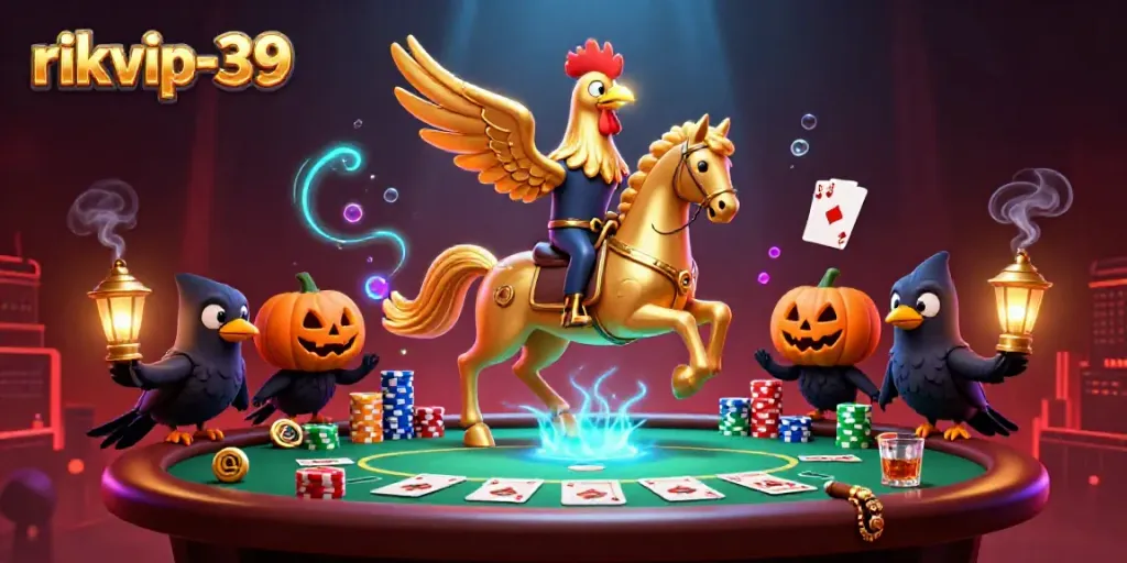 Engage with the vibrant action at rikvip-39 featuring a golden rooster headless horseman amidst a lively gambling scene.