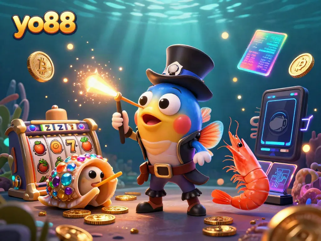 Experience the excitement of yo88 with vibrant game symbols and 3D characters in a captivating underwater scene.