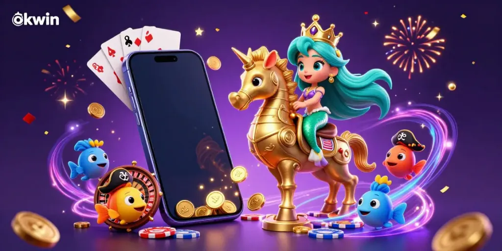 Join the excitement at OKWIN with vibrant characters and thrilling gaming elements in this colorful casino scene.