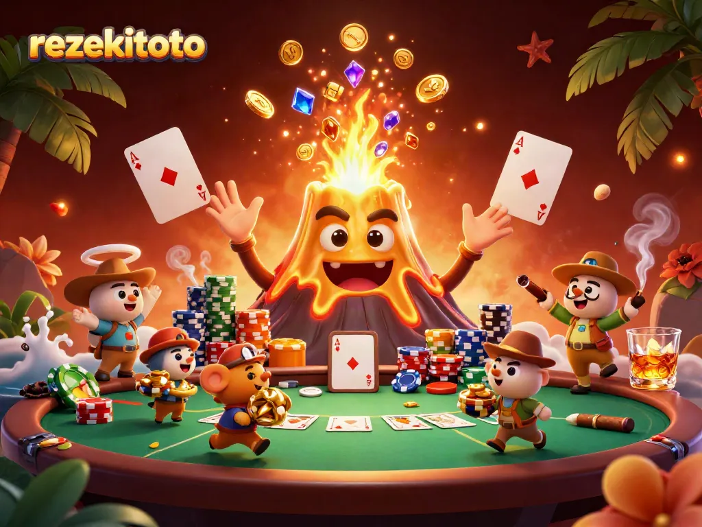 Experience the thrill of rezekitoto with a golden volcano erupting coins as tiny explorers cherish their treasure.