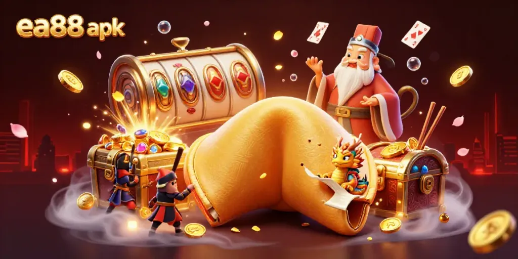 Engage with the vibrant ea88 apk scene featuring a golden fortune cookie, dragon, and casino elements.