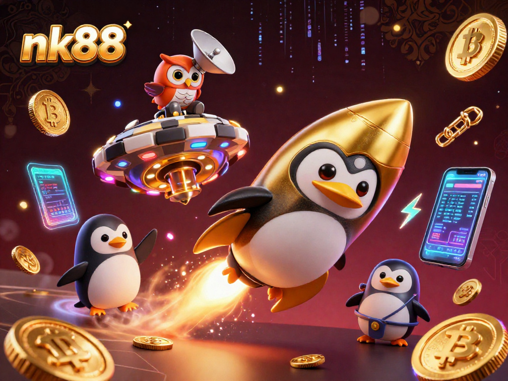Win big with nk88 at the vibrant casino adventure featuring golden penguin and crypto treasures.