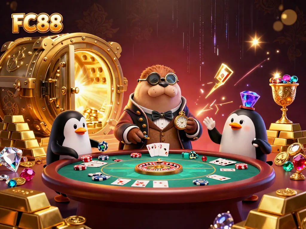 FC88 poker scene featuring a walrus and a penguin dealer surrounded by casino elements.