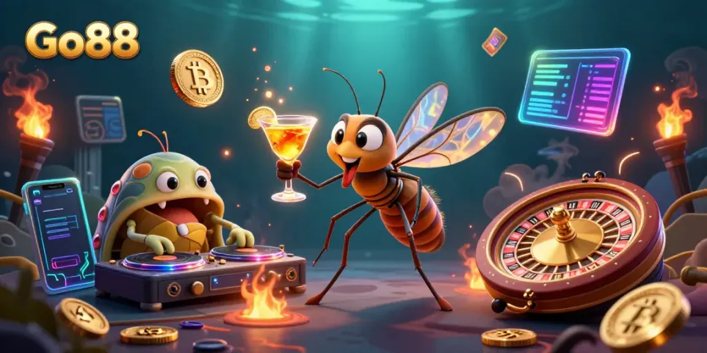 Experience the thrill of Go88 with a vibrant casino scene featuring unique characters and digital game elements.