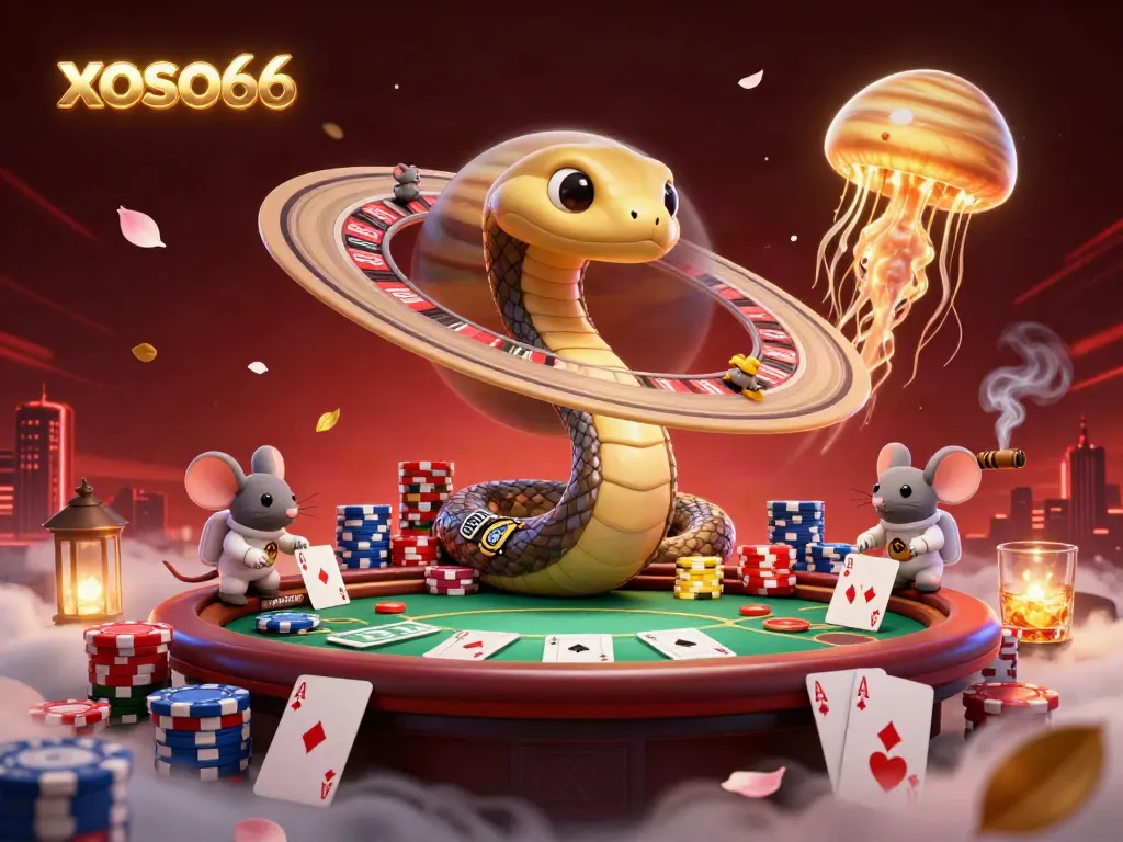 Join the cosmic betting action with xoso66 as cartoon characters gamble on a roulette made of Saturn's rings.