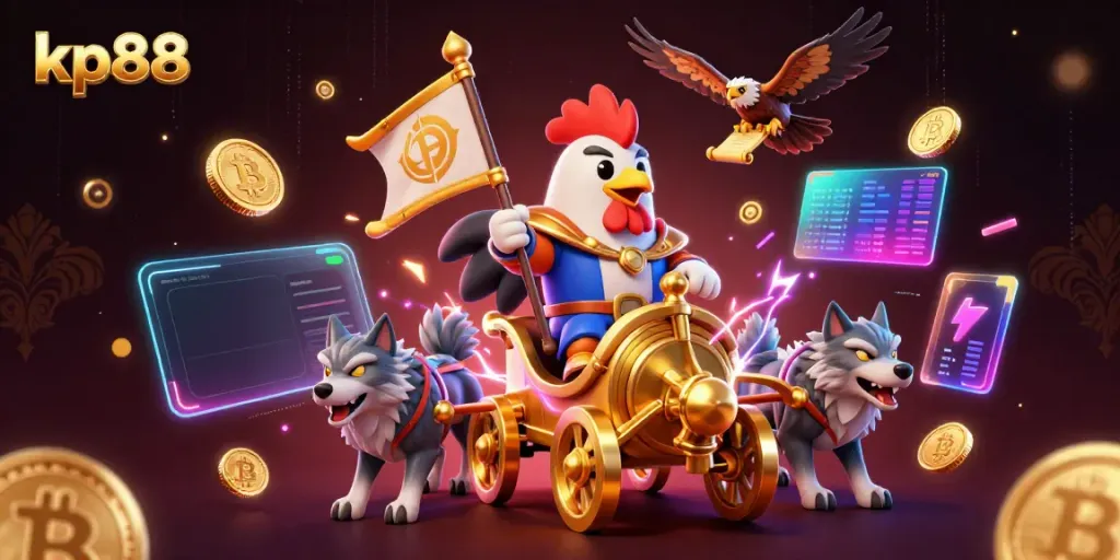 Experience the excitement of kp88 with dynamic 3D casino illustration featuring rooster warlord and cryptocurrency elements.