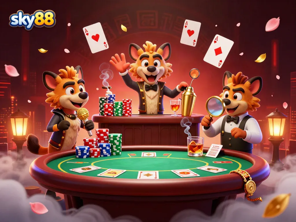 Sky88 Hyenas in a vibrant casino scene, featuring a comedian, bartender, and bouncer.