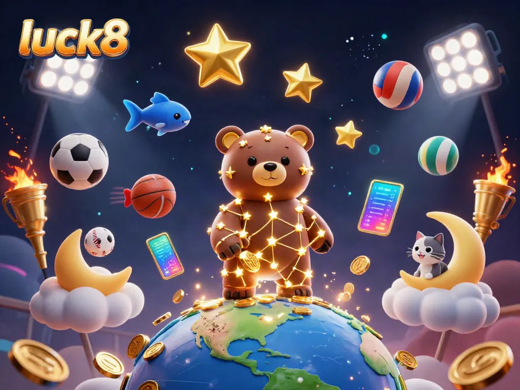 Experience the thrill of luck8 with a vibrant 3D illustration full of action, coins, and sports elements.