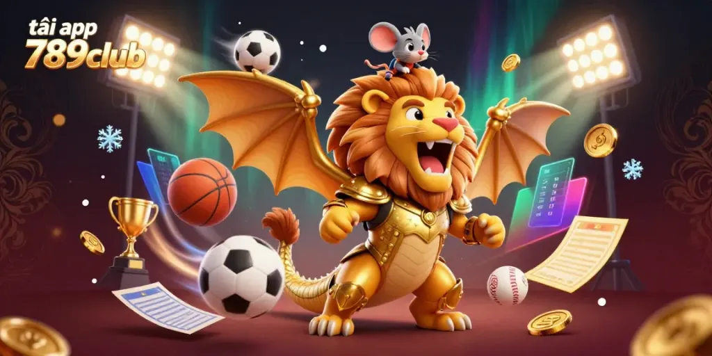 Tải app 789club with dynamic 3D illustrations of a chimera and sports elements, evoking excitement.